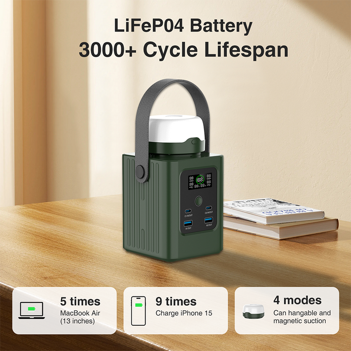 Power Bank with Camping Light — LiFePO4, Independent LED Battery, 100W USB-C